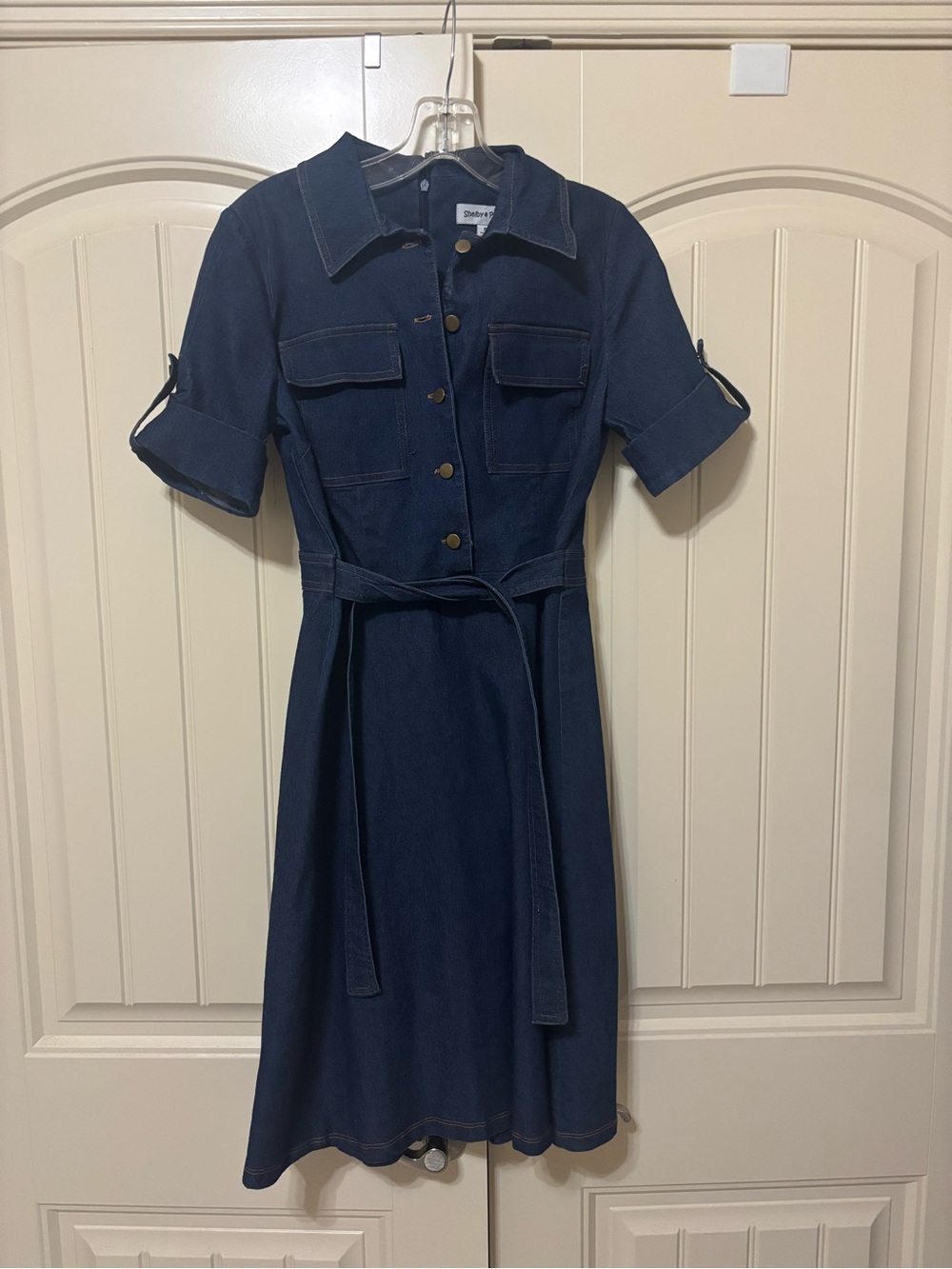 Denim Short-Sleeve Shirtwaist Dress with Belt